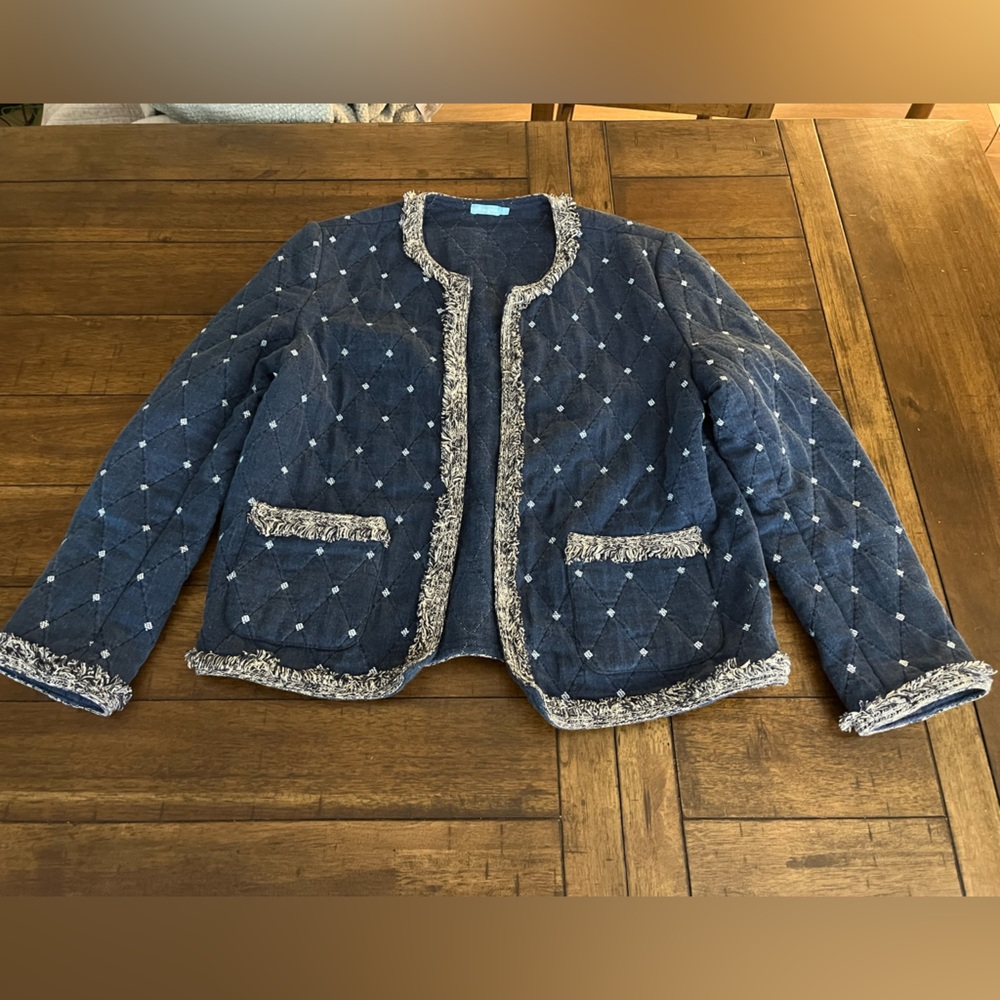 J. McLaughlin Blue Quilted Jacket with Cream Fringe Accents LIKE NEW